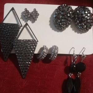 Blackened Crystal encrusted dangling glass & studed earrings 5 pair by Marley.